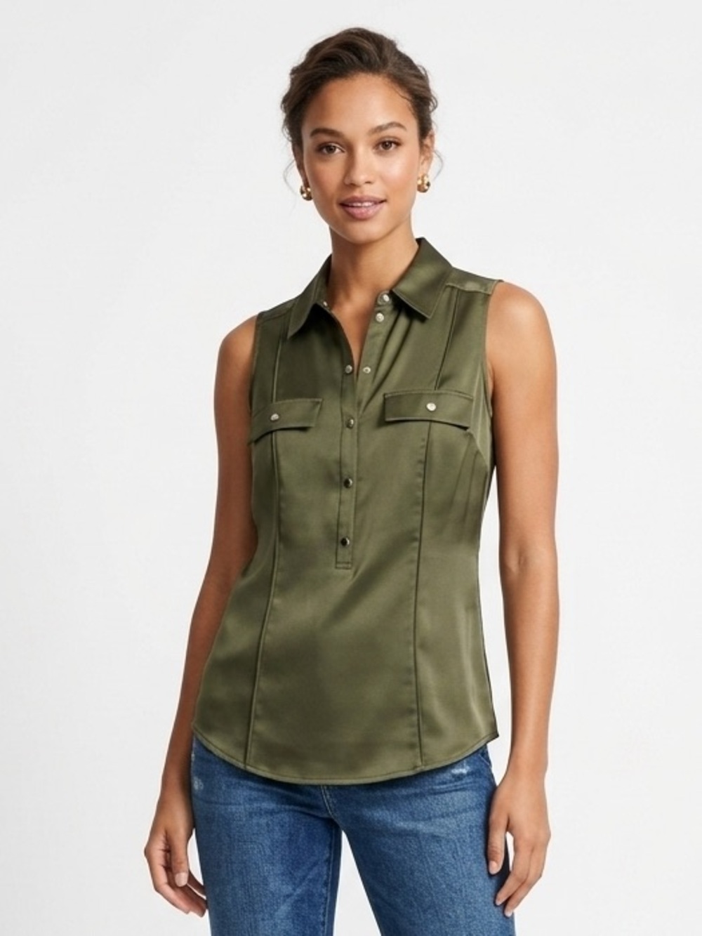 WHBM Olive Stretch Collared Pullover Shirt Snap Front Petite Small PS SP EUC $84